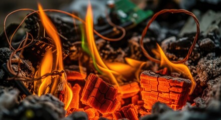 Close-up of burning embers and flames consuming electronic components and wiring, creating a fiery scene. Charred wood and ash surround the combustion