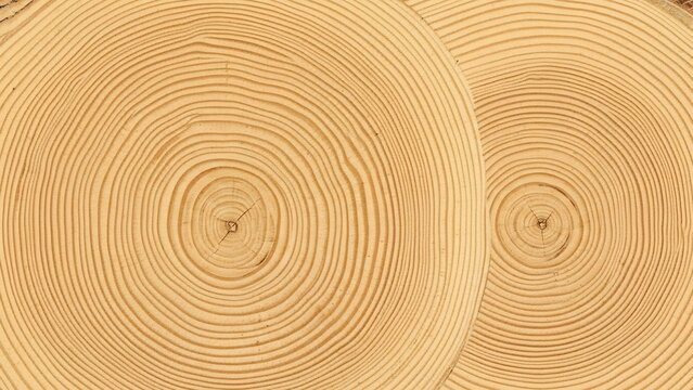 Close-up view of two light brown pine tree cross-sections showing detailed growth rings and natural wood grain texture