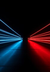 Neon blue and red kinetic light trails moving quickly across an empty, blank, dark canvas. Long exposure photography illustrating motion, travel, illuminated, streak