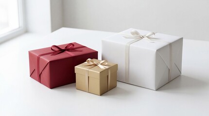 Three beautifully wrapped gift boxes in red, gold, and white, ready for a special occasion.