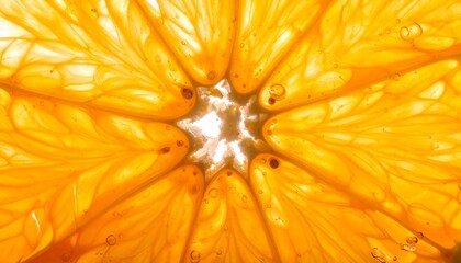 Close-up view reveals a vibrant citrus slice backlit, showcasing the intricate structure of its segments and translucence