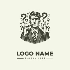 A man in a suit with question marks surrounding him, holding a pencil to his mouth and gesturing with his fingers, logo and slogan on a beige background, illustration style.