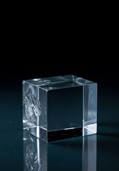 Rough, clear optical glass blank block sitting on a reflective surface, waiting for polishing and grinding into a functional geometric prism shape, abstract, manufacturing, technology