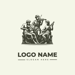 A monochromatic illustration of three musicians playing instruments, with a logo and slogan text on a plain background, in a classic and elegant style.