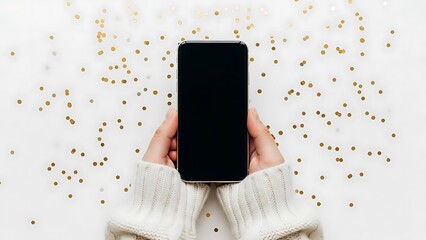 Hands holding a blank smartphone screen with golden confetti on white, perfect for festive apps, holiday announcements, and digital celebration mockups
