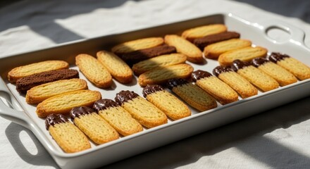 A rectangular tray filled with various shortbread cookies. Some are plain, others dusted with cocoa or dipped in chocolate. Natural sunlight illuminates the scene
