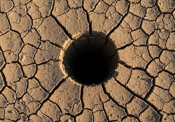 Severely cracked arid earth texture displaying an empty central space or void where a piece has been removed, highlighting absence and division, structure, dry, fragmentation