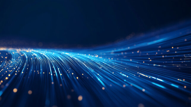 Abstract blue optical fibers background with glowing light data flow and golden particles
