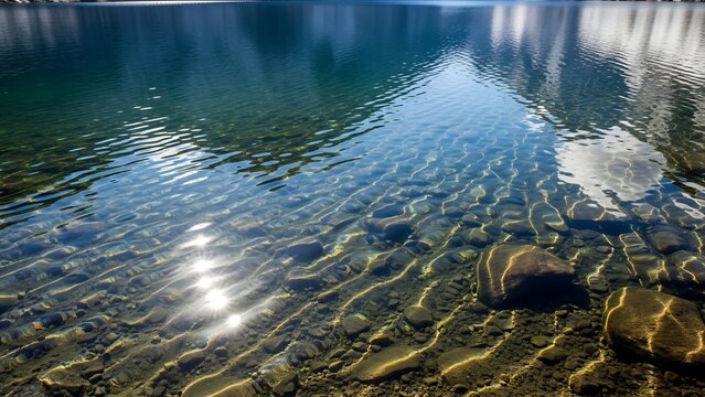 Crystal clear mountain lake water reveals textured rocky bottom with shimmering sunlight reflections on the rippled surface.