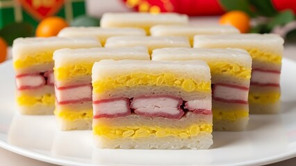 Layered dessert with fruit and cream on a white plate