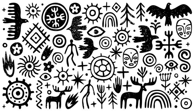 Collection of hand drawn simple ethnic folk elements. Rock paintings, primitive patterns. Sun symbols, people, trees, animals and birds, abstract lines.