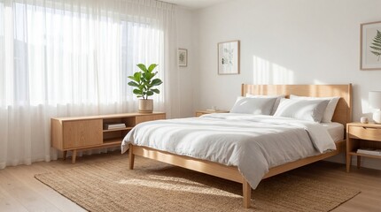 Fototapeta premium Bright and Serene Bedroom with Natural Light and Minimalist Decor.