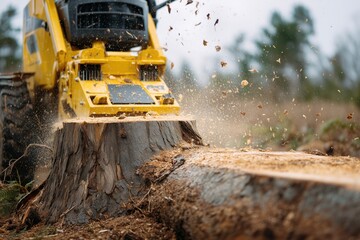 yellow stump grinder cutting tree
