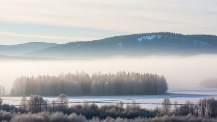 Fototapeta premium Misty Forest Landscape with Mountains and Lake.