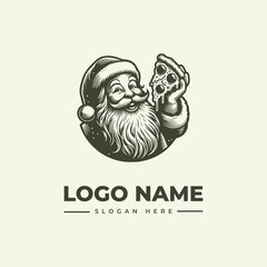 A black and white illustration of Santa Claus holding a gift, with a logo and slogan text on a plain background, in a vector graphic design.