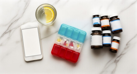Smartphone beside pill organizer and medicine bottles on marble
