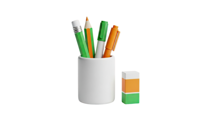 Pencil holder with colorful stationery and eraser