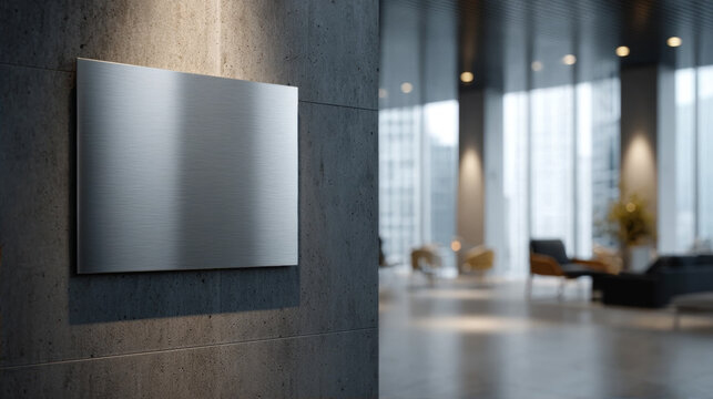 Blank silver metal signboard mockup on dark concrete wall in modern office lobby