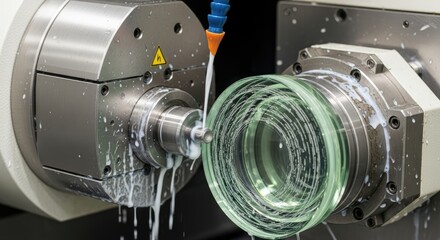 Precision industrial process showing a lens being ground. Coolant sprays as a rotating tool shapes the optical element within a mechanical setup. Focus on machinery and the clear glass component