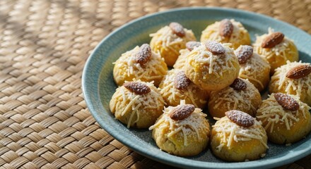 A close-up showcases a collection of golden, spherical pastries presented on a light blue plate. Each cookie is topped with grated yellow, and a whole almond, set on a textured, woven mat