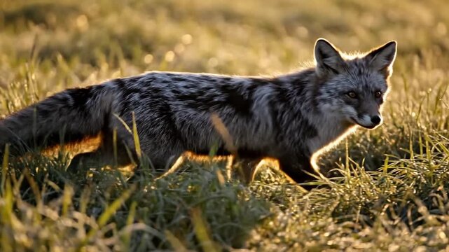 A fox with stunning silver and black fur in golden hour light among tall green grass