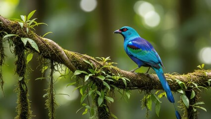 Obraz premium Vibrant Blue Bird with Red Eyes Perched on Mossy Branch in Lush Rainforest