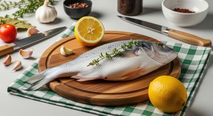 A fresh, whole fish rests on a wooden board amidst fresh herbs, spices, a lemon, and knives on a checkered cloth, ready for cooking. The scene suggests culinary preparation