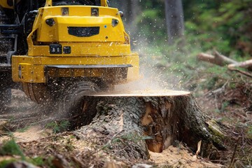 yellow stump grinder cutting tree