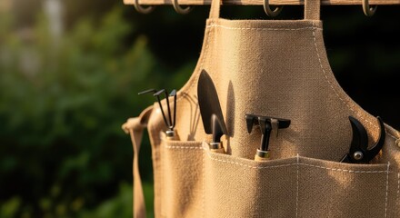Close-up of a tan gardening apron hanging on a wooden hook, tools neatly stored in pockets, with blurred green foliage in the background. Natural light bathes the scene