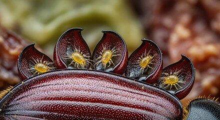 Macro close-up shows five intricate structures in deep red and tan, with tiny yellow organisms inside. Detailed texture and focus suggest complex biology and natural wonder