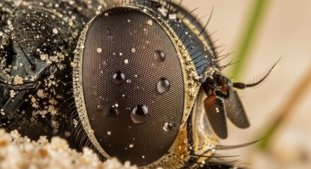Extreme close-up of an insect's compound eye glistening with water droplets and fine sand, revealing intricate detail and texture. Sharp focus highlights the delicate structure