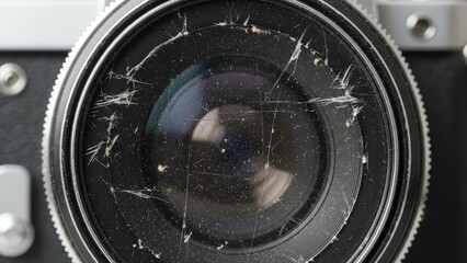 Close-up Macro of Damaged Camera Lens with Scratches and Dust