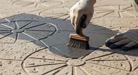 Close-up of gloved hand meticulously applying dark grey protective paint to decorative outdoor