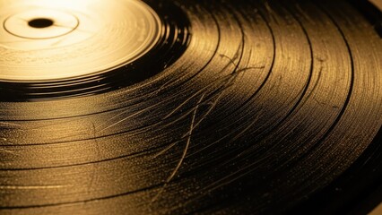 Close-up of a scratched vinyl record, vintage music medium, warm lighting