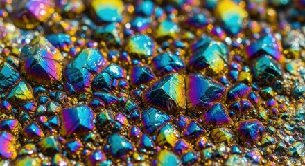 Close-up of a shimmering, iridescent surface showcasing a variety of angular, crystalline formations. Colors range across spectrum, from blues and yellows to violets and golds