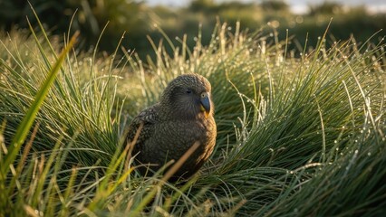 Kea Parrot in Dewy Grass, New Zealand Native Bird, Morning Light