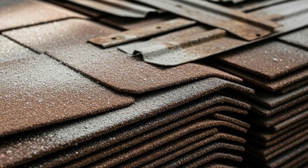 Close-up view of textured brown asphalt roofing shingles stacked for construction and building