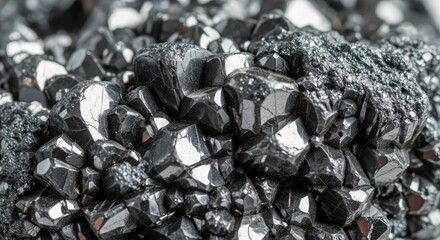 Close-up showcases a dark, crystalline mineral formation with lustrous surfaces, reflecting light and creating intricate patterns. The composition reveals sharp angles and textures