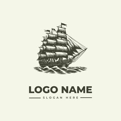 A vintage sailing ship logo with billowing sails and flags on a cream background, accompanied by a customizable logo name and slogan in a modern typographic layout, ideal for branding and