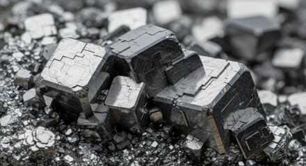 Close-up macro photograph of shiny, cubic mineral formations clustered together, reflecting light. The dark, geometric shapes are set against a backdrop of granular, gray stone