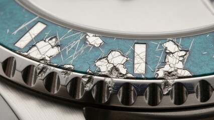 Close-up of a scratched and worn watch bezel with turquoise accents, showing wear and tear.