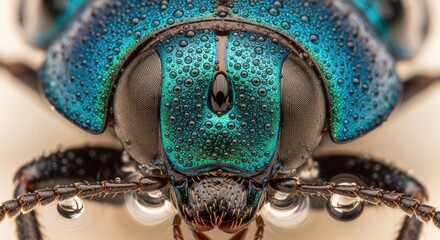 Close-up view of a jewel-toned insect's head, showcasing intricate textures, sparkling droplets, and detailed compound eyes. The vibrant colors and macro perspective highlight the insect's beauty