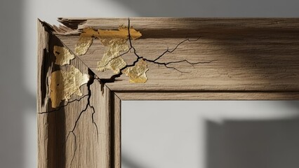 Damaged Wooden Frame with Gold Leaf Accents and Cracks