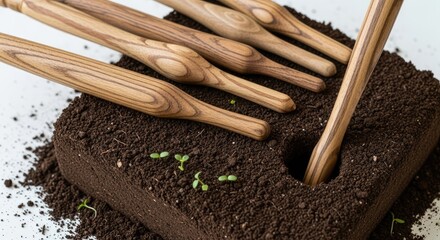 Close-up showcases a rectangular block of soil with wooden tools embedded and small sprouts emerging. Soil texture contrasts with the smooth wood. White backdrop