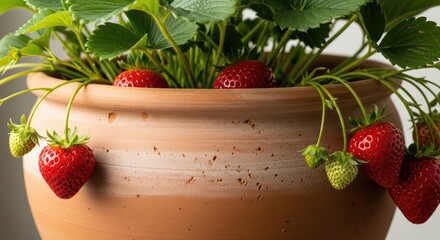 A terracotta pot overflows with vibrant strawberry plants, showcasing ripe, red berries amongst lush green foliage. Some berries are dangling
