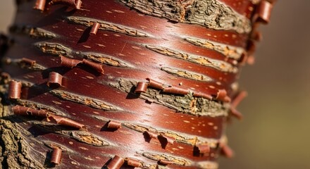 Close-up showcases a tree trunk with peeling, reddish-brown bark. The texture details the bark's layers and surface imperfections in a natural setting