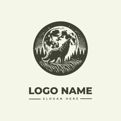 A monochromatic illustration of a wolf howling at the full moon, set against a forest backdrop within a circular logo design with space for a name and slogan.
