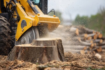 yellow stump grinder cutting tree
