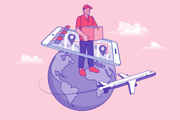 Courier man holding package standing on earth globe with smartphone map and airplane flying. Flat vector illustration for international logistics shipping, global export tracking and delivery service.