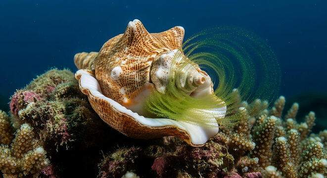 Queen conch on coral reef